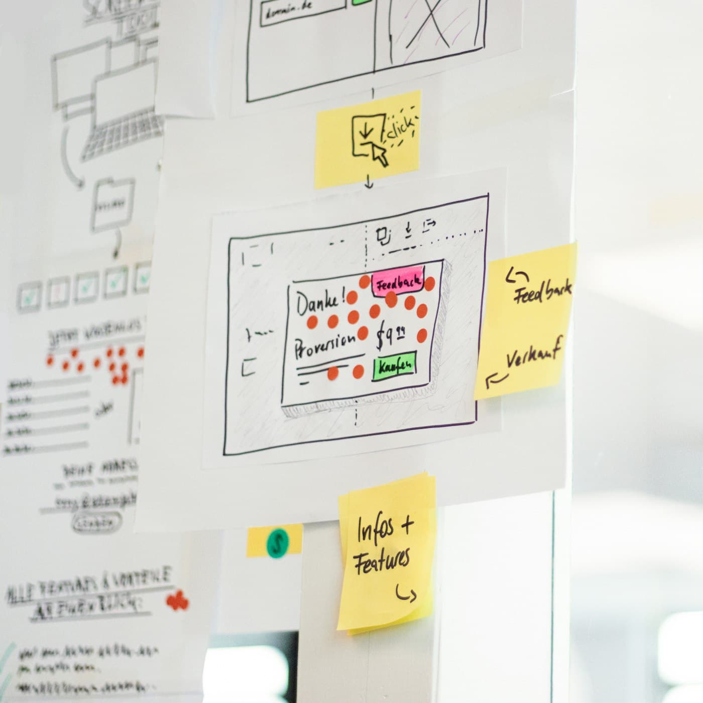 Wireframes and sticky notes on a glass wall
